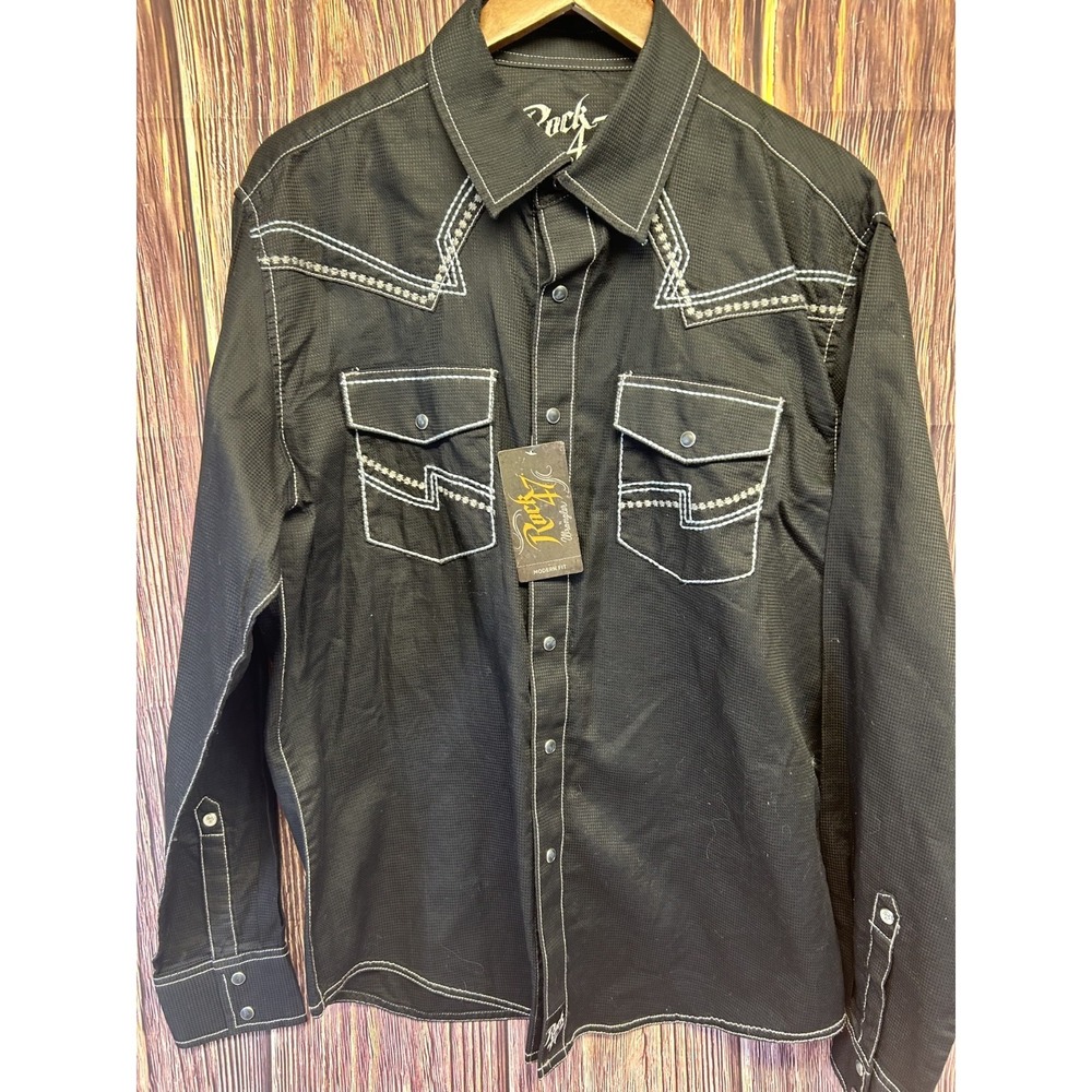 Rock 47 Wrangler Pearl Snap Western Shirt Mens Large Black Cowboy Rodeo NWT - Picture 9 of 10